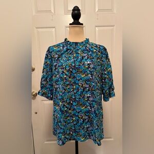 Elegant Pleat Neck Blue & Green Floral SS Blouse, Sz L
